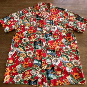 Vtg Banana Jack Honolulu Hawaiian Shirt Mens Large Floral All Over Print S/S Red